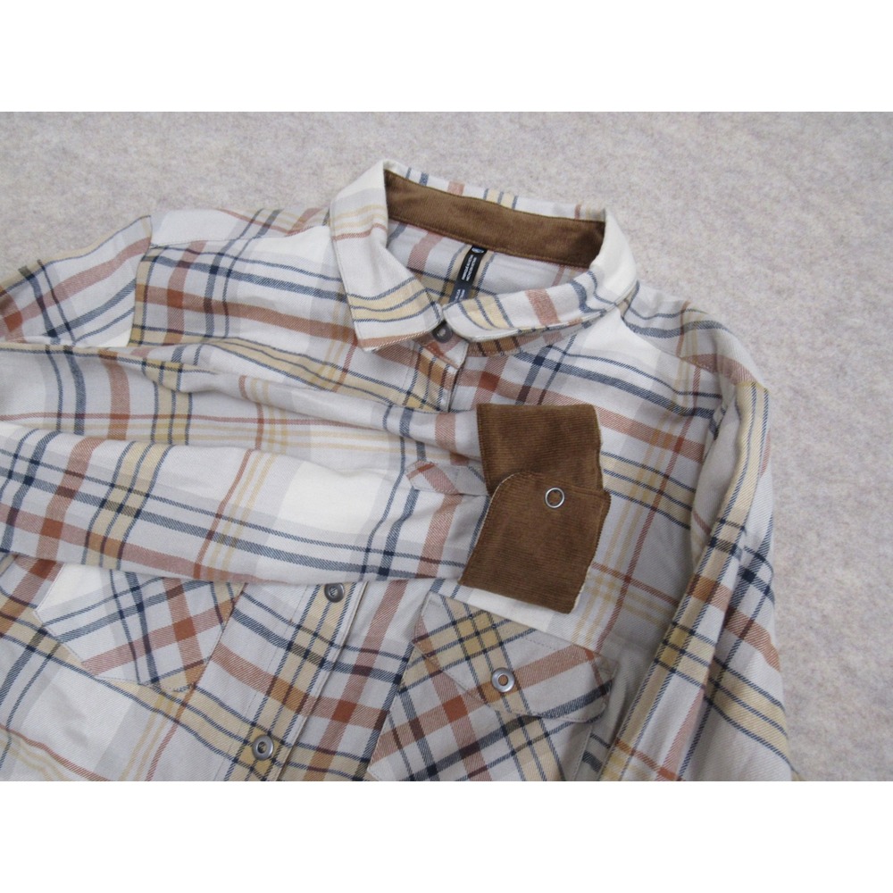 Kuhl Tess Flannel LS Shirt Womens‎ Medium Dove Plaid Corduroy Trim 8457 NWT